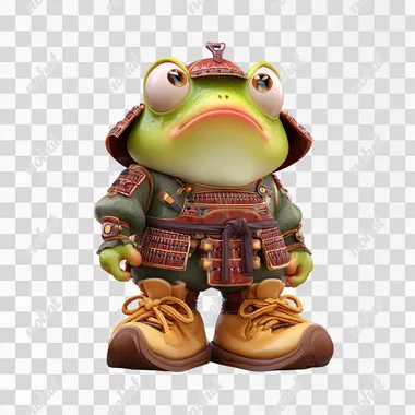 Round-faced 3D frog samurai character, curious expression and oversized shoes isolated on transparent background rofile boelodn