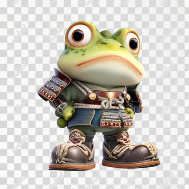 Round-faced 3D frog samurai character, curious expression and oversized shoes isolated on transparent background rofile boelodn