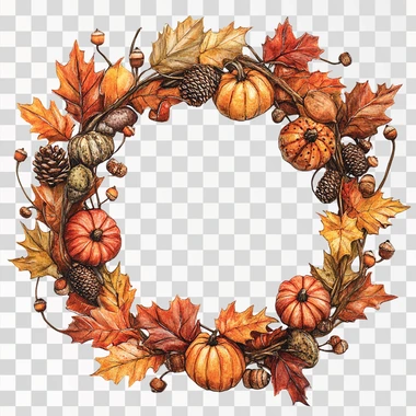 A whimsical illustrated fall wreath made of leaves, acorns, and pumpkins with edges that blend into white background