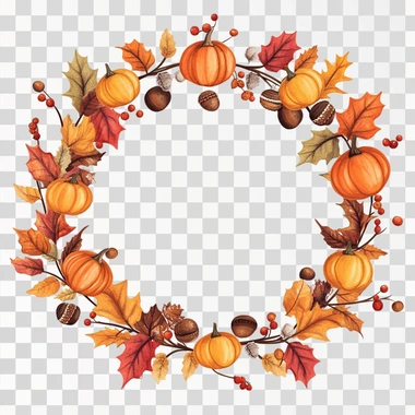 A whimsical illustrated fall wreath made of leaves, acorns, and pumpkins with edges that blend into white background