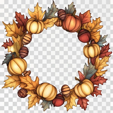A whimsical illustrated fall wreath made of leaves, acorns, and pumpkins with edges that blend into white background