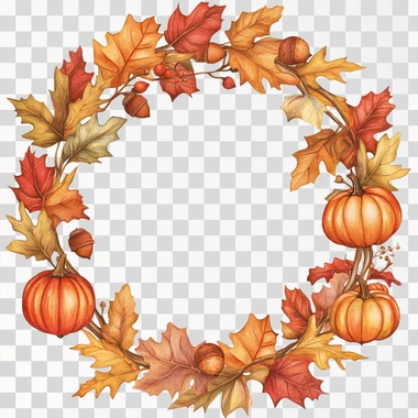A whimsical illustrated fall wreath made of leaves, acorns, and pumpkins with edges that blend into white background
