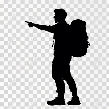 Silhouette of a traveler pointing a finger in the distance with his back full-length on a white background