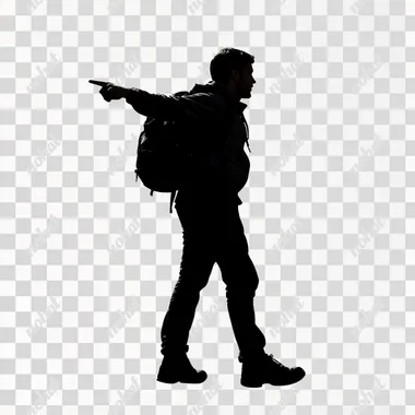 Silhouette of a traveler pointing a finger in the distance with his back full-length on a white background