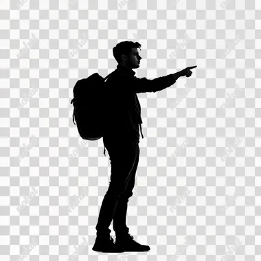 Silhouette of a traveler pointing a finger in the distance with his back full-length on a white background