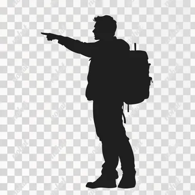 Silhouette of a traveler pointing a finger in the distance with his back full-length on a white background