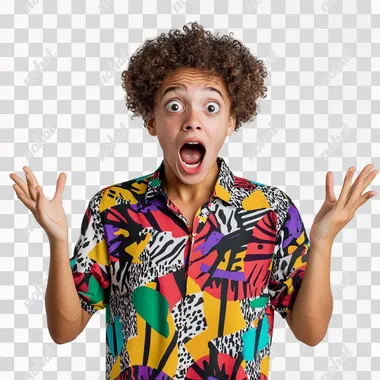 A surprised young person, curly hair, wearing a bright, modern patterned shirt with expressive body language, looking shocked or excited. The background is a plain solid color, ideally white, to make it easy to isolate the figure later. --s 50
