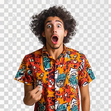 A surprised young person, curly hair, wearing a bright, modern patterned shirt with expressive body language, looking shocked or excited. The background is a plain solid color, ideally white, to make it easy to isolate the figure later. --s 50