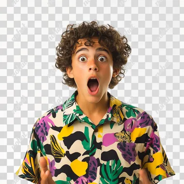 A surprised young person, curly hair, wearing a bright, modern patterned shirt with expressive body language, looking shocked or excited. The background is a plain solid color, ideally white, to make it easy to isolate the figure later. --s 50