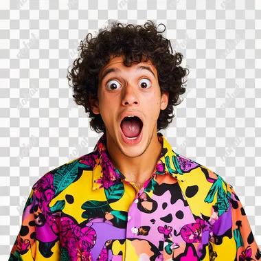 A surprised young person, curly hair, wearing a bright, modern patterned shirt with expressive body language, looking shocked or excited. The background is a plain solid color, ideally white, to make it easy to isolate the figure later. --s 50