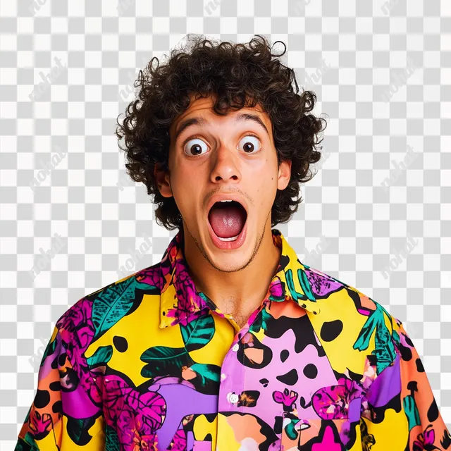 PNG Surprised young man with curly hair in modern patterned shirt