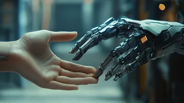 a normal hand and a high tech hand going against each other