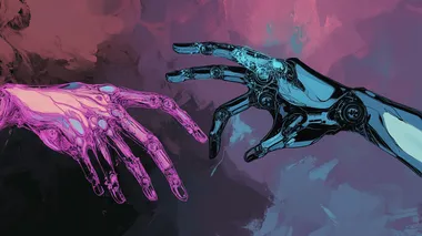 a normal hand and a high tech hand going against each other