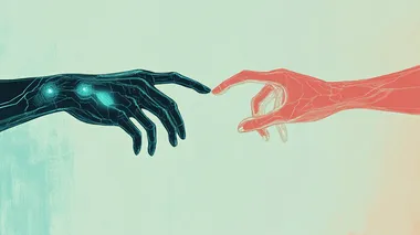 a normal hand and a high tech hand going against each other
