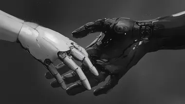 a normal hand and a high tech hand going against each other