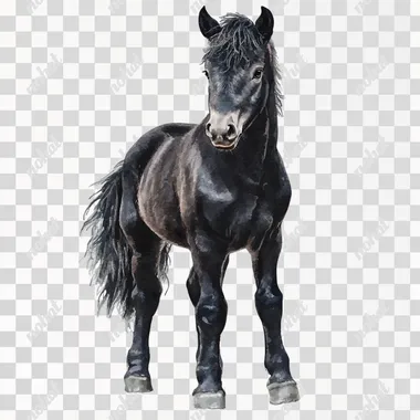 Black Friesian baby Horse, 4K, clipart, watercolor, isolated on a light gray background