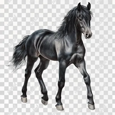 Black Friesian baby Horse, 4K, clipart, watercolor, isolated on a light gray background