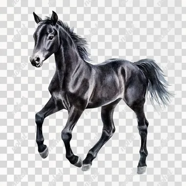 Black Friesian baby Horse, 4K, clipart, watercolor, isolated on a light gray background