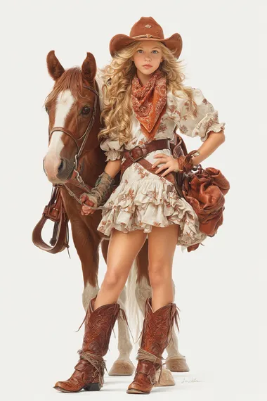 A beautiful young girl with long blonde hair and a cowboy hat, dressed in a cute dress and boots, standing next to her horse, Isolated in white background, detailed face, eyes, hands, and shoes. In the style of Rodney Matthews and Thomas Kinkade., high details, UHD