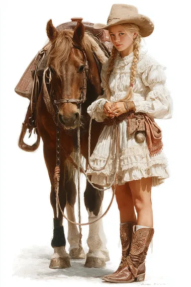 A beautiful young girl with long blonde hair and a cowboy hat, dressed in a cute dress and boots, standing next to her horse, Isolated in white background, detailed face, eyes, hands, and shoes. In the style of Rodney Matthews and Thomas Kinkade., high details, UHD