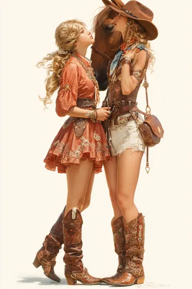 A beautiful young girl with long blonde hair and a cowboy hat, dressed in a cute dress and boots, standing next to her horse, Isolated in white background, detailed face, eyes, hands, and shoes. In the style of Rodney Matthews and Thomas Kinkade., high details, UHD