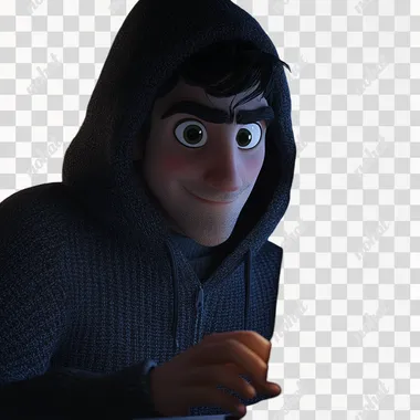 A computer hacker, wearing a dark sweater and a hood, sitting in front of the computer, the hacker stares at the screen and smirks, dark environment, white background, Disney cartoon style, 3D cartoon style