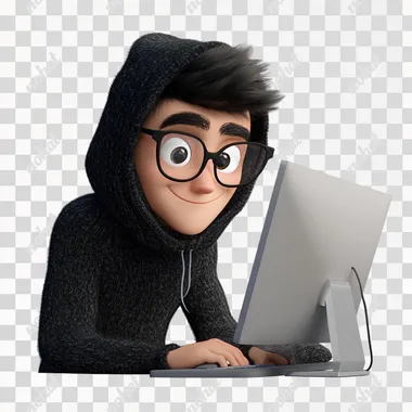 A computer hacker, wearing a dark sweater and a hood, sitting in front of the computer, the hacker stares at the screen and smirks, dark environment, white background, Disney cartoon style, 3D cartoon style