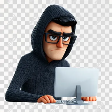 A computer hacker, wearing a dark sweater and a hood, sitting in front of the computer, the hacker stares at the screen and smirks, dark environment, white background, Disney cartoon style, 3D cartoon style