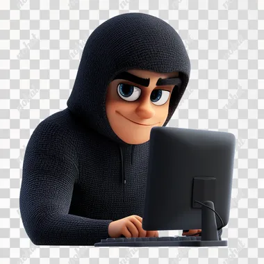 A computer hacker, wearing a dark sweater and a hood, sitting in front of the computer, the hacker stares at the screen and smirks, dark environment, white background, Disney cartoon style, 3D cartoon style