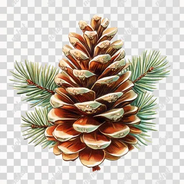 vintage Christmas card with a cute pine cone without leaves toward down, white background, clipart