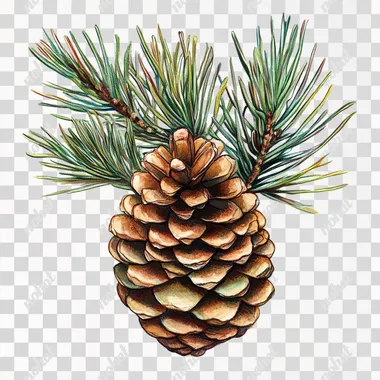 vintage Christmas card with a cute pine cone without leaves toward down, white background, clipart
