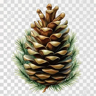vintage Christmas card with a cute pine cone without leaves toward down, white background, clipart