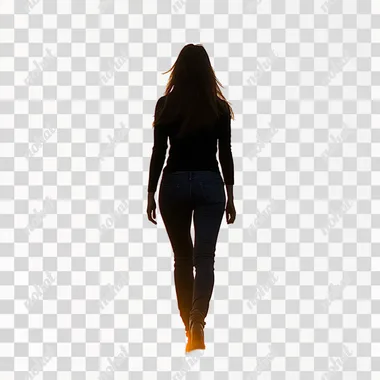 silhouette of a woman wearing jeans and boots walking toward the sunset, white background