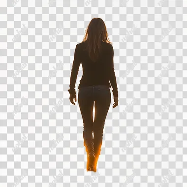 silhouette of a woman wearing jeans and boots walking toward the sunset, white background