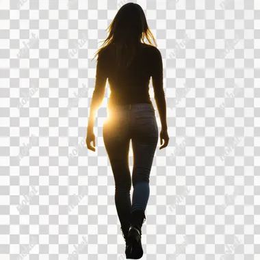 silhouette of a woman wearing jeans and boots walking toward the sunset, white background