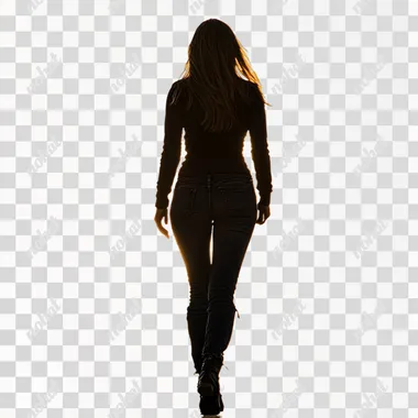 silhouette of a woman wearing jeans and boots walking toward the sunset, white background