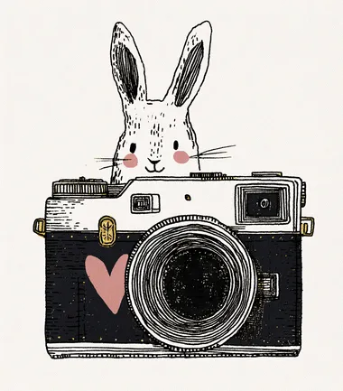 A cute, simple drawing of a Polaroid photo with an icon on the border, white background, pink and navy blue color palette, cute, simple lines, cartoon style, fluffy bunny icon.