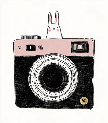 A cute, simple drawing of a Polaroid photo with an icon on the border, white background, pink and navy blue color palette, cute, simple lines, cartoon style, fluffy bunny icon.