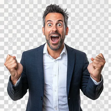 a 40 years old entrepreneur positively surprised seen in full with white background