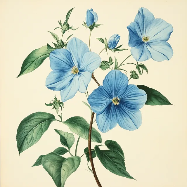 a painting of blue flowers with green leaves