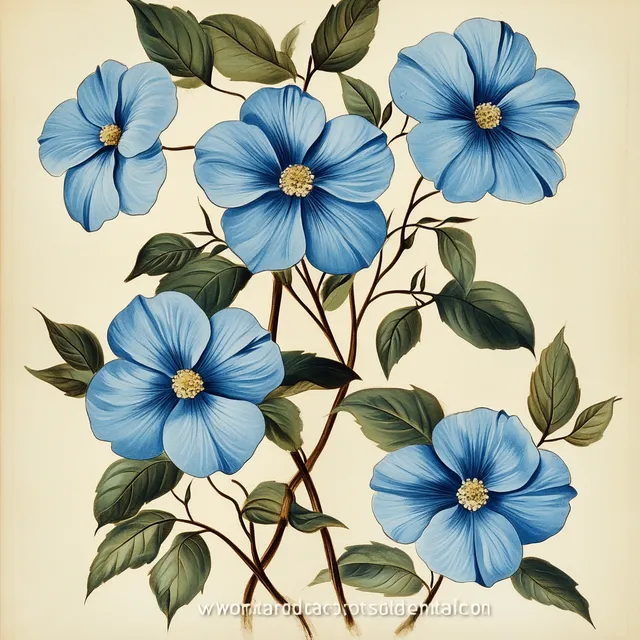 a painting of blue flowers with green leaves