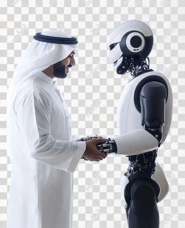 arab man handshake with a robot, realistic photo, isolated