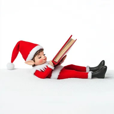 ELF ON THE SHELF lie flat on your stomach. THE ELF READING A BOOK MINIMALIST LOGO white background