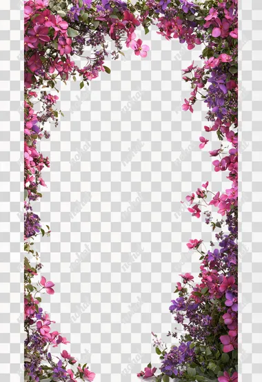 frame made of creepers covered with flowers, pink and purple flowers, an average amount of foliage, the frame does not touch the edge, 3d render, digital art, realistic render, the lighting source is directed from the viewer to the frame, uniform white background, background without shadows