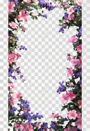 frame made of creepers covered with flowers, pink and purple flowers, an average amount of foliage, the frame does not touch the edge, 3d render, digital art, realistic render, the lighting source is directed from the viewer to the frame, uniform white background, background without shadows