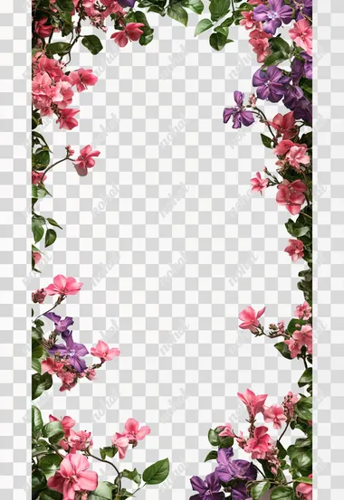 frame made of creepers covered with flowers, pink and purple flowers, an average amount of foliage, the frame does not touch the edge, 3d render, digital art, realistic render, the lighting source is directed from the viewer to the frame, uniform white background, background without shadows