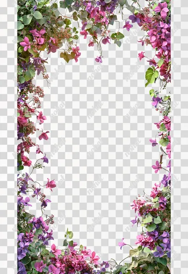 frame made of creepers covered with flowers, pink and purple flowers, an average amount of foliage, the frame does not touch the edge, 3d render, digital art, realistic render, the lighting source is directed from the viewer to the frame, uniform white background, background without shadows