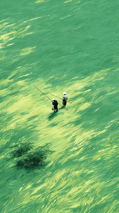 Poster design, top view, two Chinese farmers working in a green wheat field, enesis style, romantic, bright colors, simple style, freehand, art by Zhang Daqian   lcqvf3e