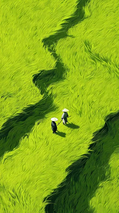 Poster design, top view, two Chinese farmers working in a green wheat field, enesis style, romantic, bright colors, simple style, freehand, art by Zhang Daqian   lcqvf3e