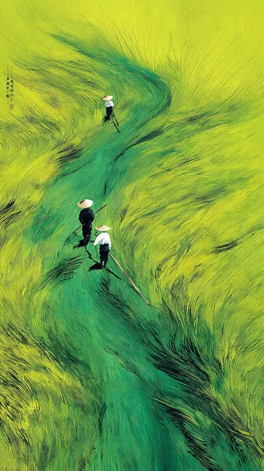 Poster design, top view, two Chinese farmers working in a green wheat field, enesis style, romantic, bright colors, simple style, freehand, art by Zhang Daqian   lcqvf3e